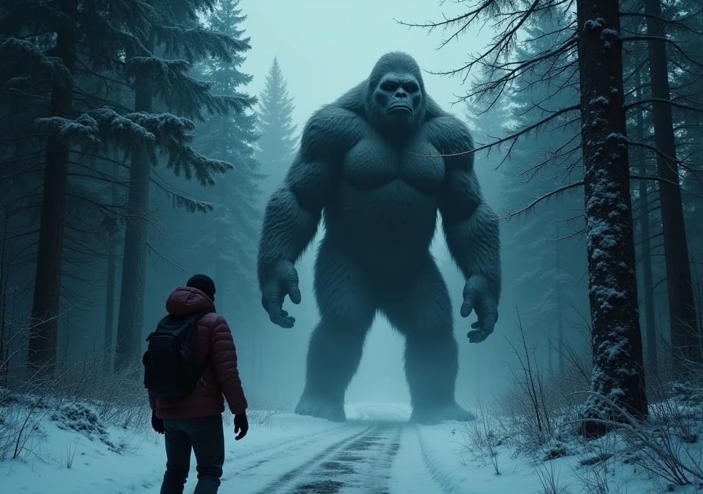 The first person character is hallucinating and sees a Bigfoot. The forest is cold and snowing, kinda dark, dark image, atmosphere of terror.