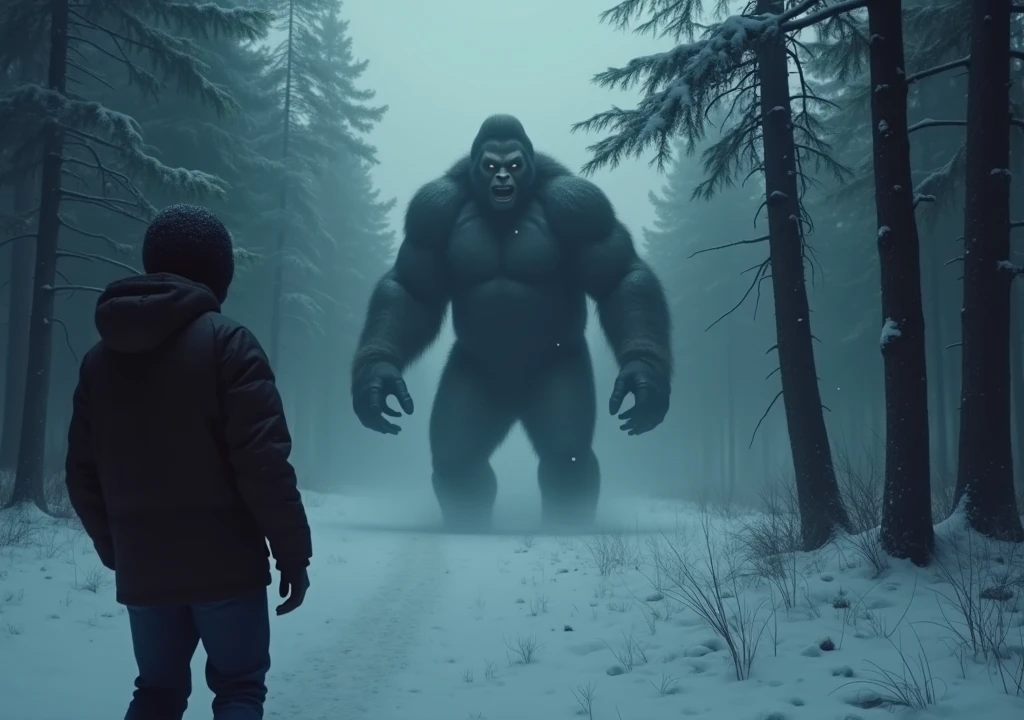 The first person character is hallucinating and sees a Bigfoot. The forest is cold and snowing, kinda dark, dark image, atmosphere of terror.