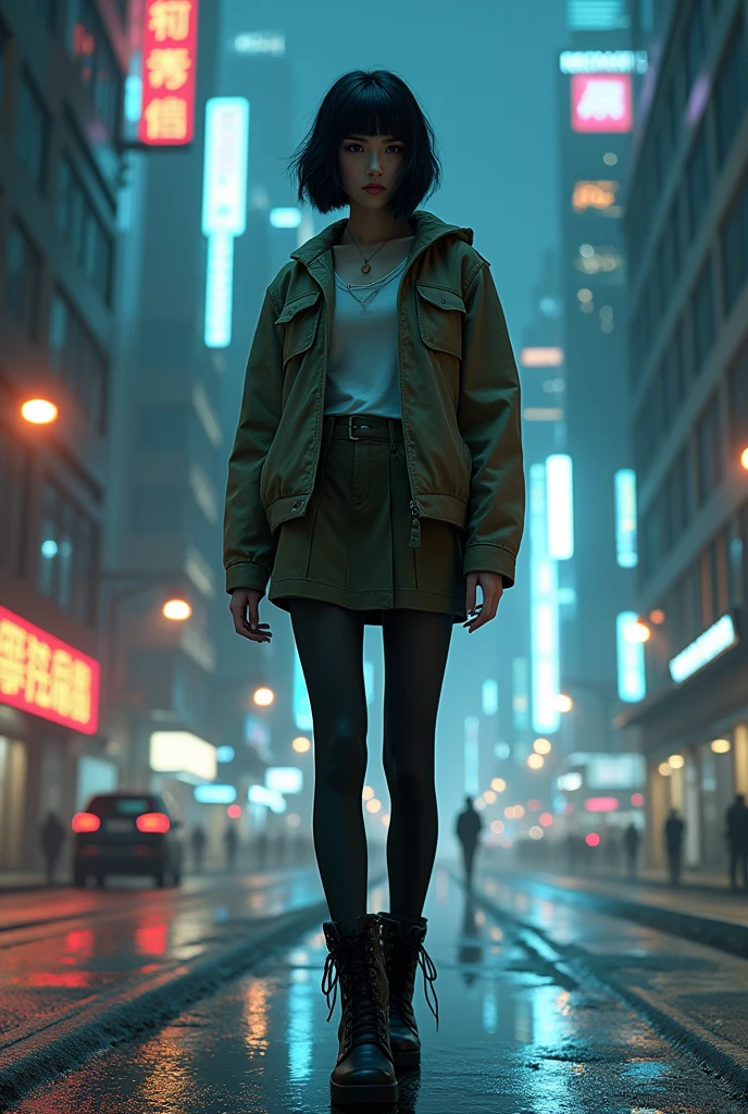(((In 8K. HDR.Hyperrealism、Masterpiece 1.2、wlop1、Cinematic、Detailed content、Live Photo 1.2, Highest quality 1.2、 Very detailedな、Very detailed、Perfect Shading、Low angle full body shot 1.2、1 photo、Commercial Photography 1.2、50mm 、Film Grain、sf)))(((Khaki Military Jacket、leggings、skirt、10 Hole Leather Boots)))、 (Focus on the characters、Angle from the front、Are standing), (Buildings at night、Buildings at night、Impressive night view、Cyberpunk World、),, (Focus on the characters、Angle from the side)、(White skin、Small breasts、Black Hair、Short Bob、Bob Hair、bangs)