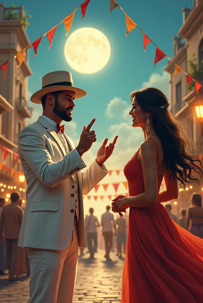 Txt2Img Studio handsome indigenous man with short hair and beard, in a white suit and white hat SIGNALING WITH HIS HANDS to a beautiful woman in a dress. The scene is set in a square decorated with flags for the June festival on a full moon night.