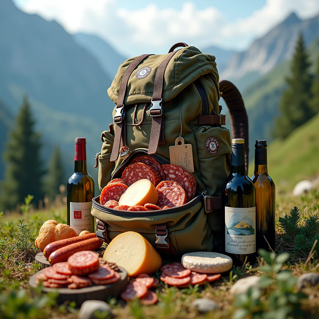 A hiking backpack full of sausages, saucissons, fromages, bottles of wine and beer.