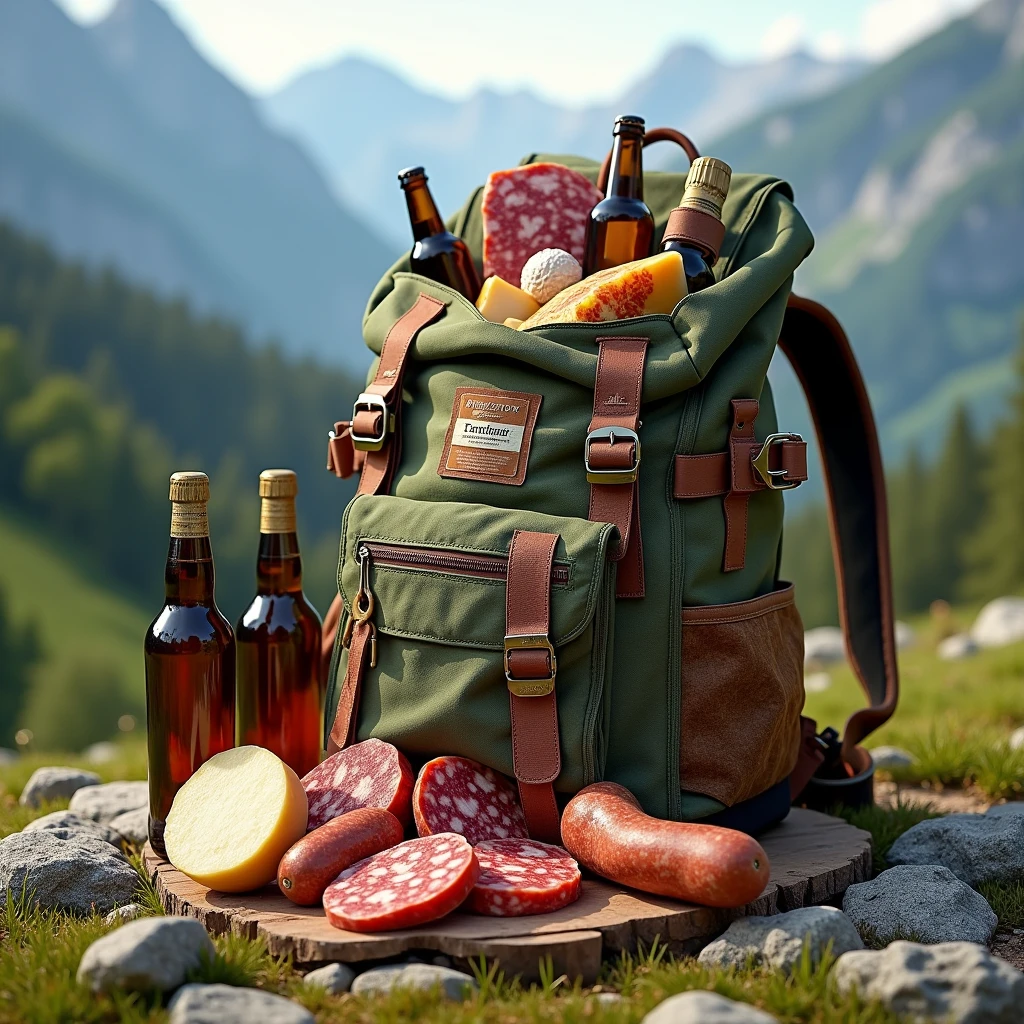 A hiking backpack full of sausages, saucissons, fromages, bottles of wine and beer.