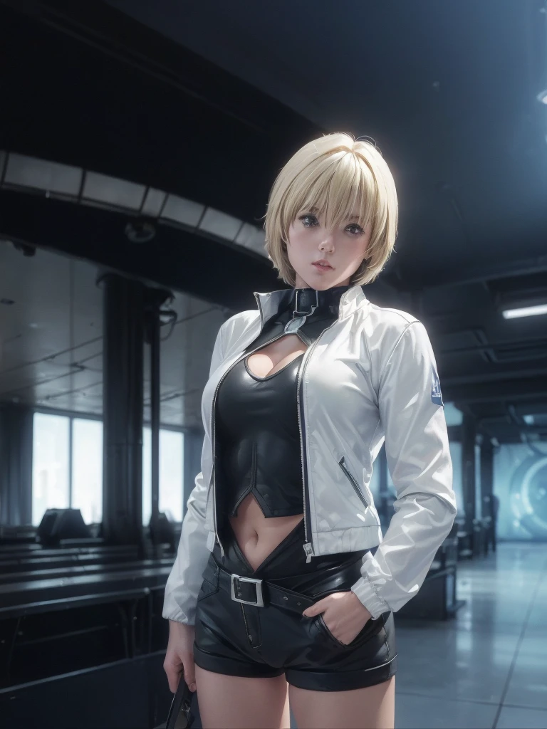 kurosaki mea、最high quality、high quality,, ((Masseter muscle area)), ((High resolution)), ((最high quality)), detailed, ((Glowing Skin)), ((huge 、Blonde、Short Bob))、(Black Bondage, White jacket, Black shorts), Voluptuous bust, exposed navel, Bowl-shaped big breasts, (View from the front、Looking at the audience:1.5)、((background:futuristic facility:1.4))