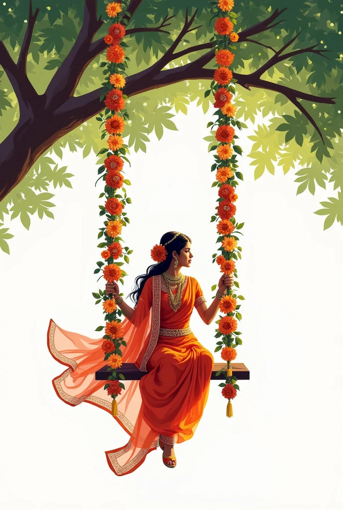 One teej bride women vector ready swinging  hanging in a tree with white background, decorative swing with flowers