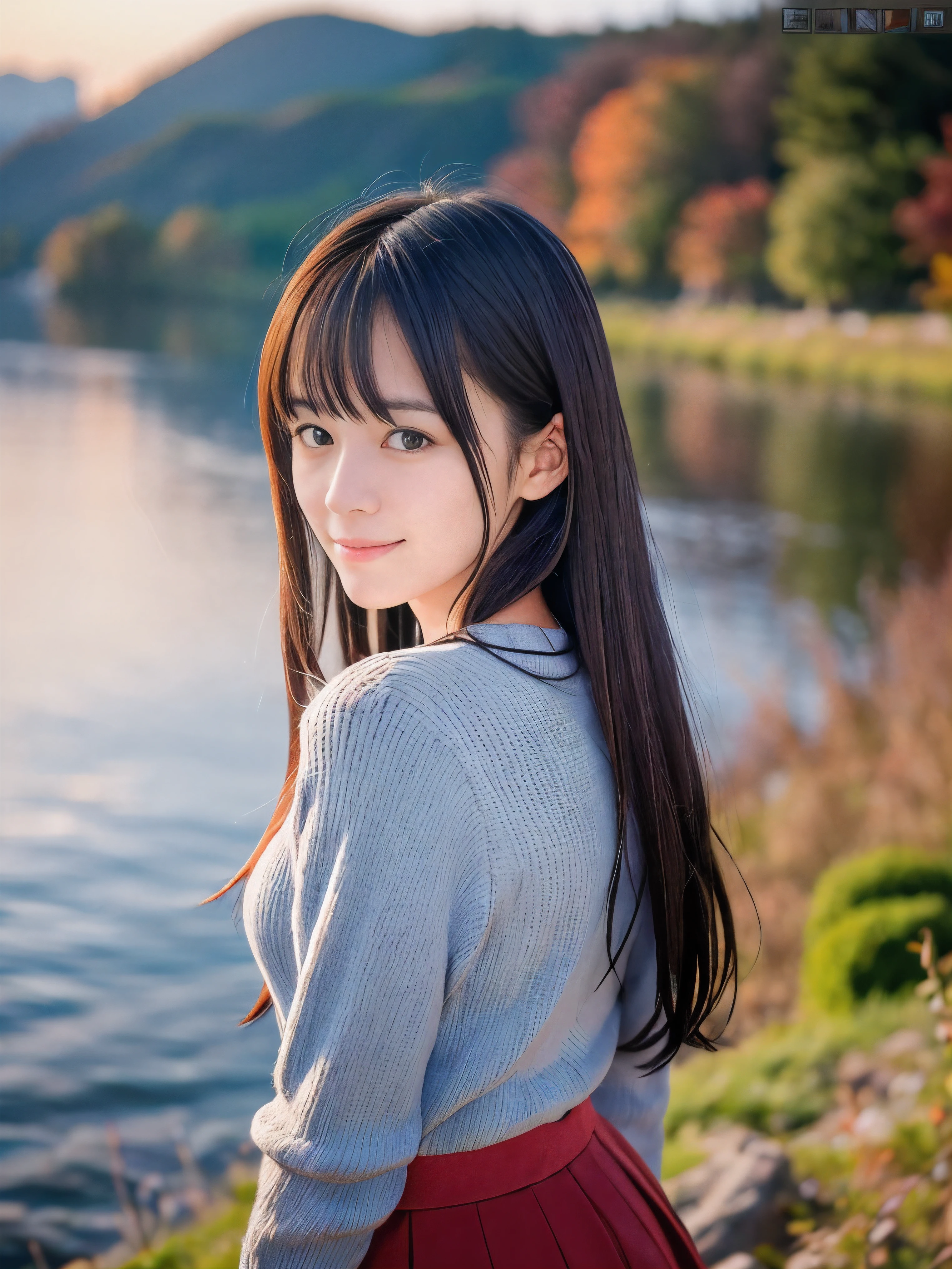 (Close up face shot of one slender small breasts dark silver long hair with swept bangs girl in a long sleeves shirt and sweater and skirt:1.5)、(One girl is looking back with sad smile on the dart road near the lake and big waterfall in Japan:1.5)、(Beautifulsunset time with autumn red leaves and mountain:1.5)、(Natural light:1.5)、(8k ultra detailed master piece:1.5)、(perfect anatomy:1.5)、(Photorealistic stick:1.5)、(Raw photo:1.3)、(highest quality:1.5)、(High resolution:1.3)、(Delicate and beautiful perfect face:1.3)、(Delicate and beautiful eye air skin:1.3)、(Real Human Skin:1.3)、((thin legs))