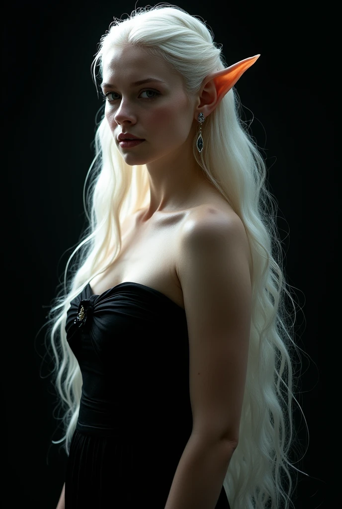 FULL BODY VIEW OF AN ELVE WOMAN ( TOLKIEN STYLE) , BUST IMAGE STYLE, STUDIO IMAGE STYLE, BLACK INFINITE BACKGROUND, DIFFUSED LIGHTS ON FACE, STRONG BACK LIGHTS, CLOSE FACE SHOT, PLATINUM LONG HAIR, HUGE STRAIGHT LONG HAIR, VERY VOLUMOUS HAIR, PLATINUM EYEBROWS, VERY PALE SKIN, LIGHTNING SKIN LIKE SNOW, HIGH CHEEKBONES, ROSY CHEEKS, GORGEOUS LIPS, SOFT LIPSTICK, EXPOSED TIP EARS, FREE COLLAR BODY REGION, VOLUMOUS BREASTS, STRAPLESS CLEAVAGE, STRAPLESS LONG DRESS, LONG BLACK DRAPEED DRESS, ENIGMATIC FACE EXPRESSION, SIDE BODY VIEW, FULL BODY PERSPECTIVE, FACE LOOKING AT CAMERA, MIDDLE ANGLE SHOT, 100 mm LENS, HIGH QUALITY IMAGE, MASTERPIECE, 8K
