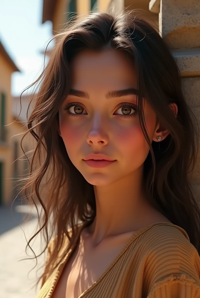jeune femme brune, yeux marron d'environ 21 ans, espagnol, machoire normal human réalism vx
