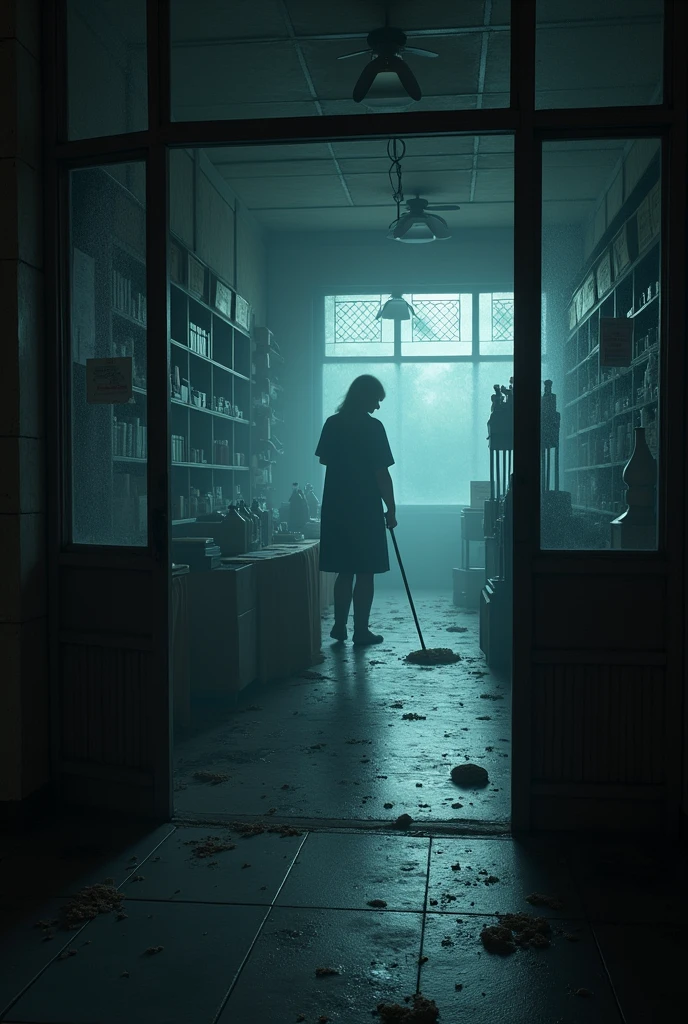 A shop inside is desolate, with an employee cleaning inside, the surrounding atmosphere is creepy.