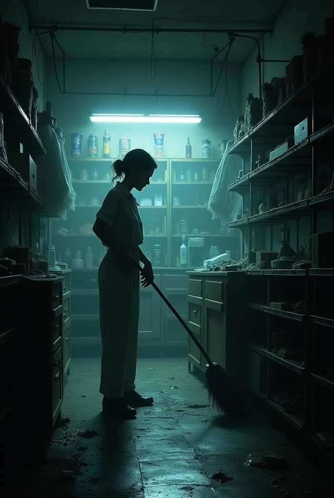 A shop inside is desolate, with an employee cleaning inside, the surrounding atmosphere is creepy.