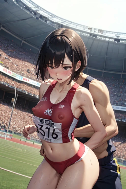 Browsing Caution、Very cute and beautiful,very thin body、Model body type、(Very detailedな美しい顔), (((全身にSweatをかく))),(((Sweat)))、(((Sweat臭い)))、(((body odor)))、blush,((Black Hair、short hair、Pink highlights on the inside)),((Gal、Center of chest)),((Track and field athlete uniforms)),((Low Angle、Dynamic Angle)), (Highest quality,masterpiece:1.0),Very detailed,32K,8k resolution,,Movie Scenes,Detailed Background,Dynamic Angle,((()))、((Athletics Stadium、Track competitions、Many spectators))、(((Nipple mastun)))、(Fasy)、((Detailed vagina、Thic hair))、((((Sex witn))))