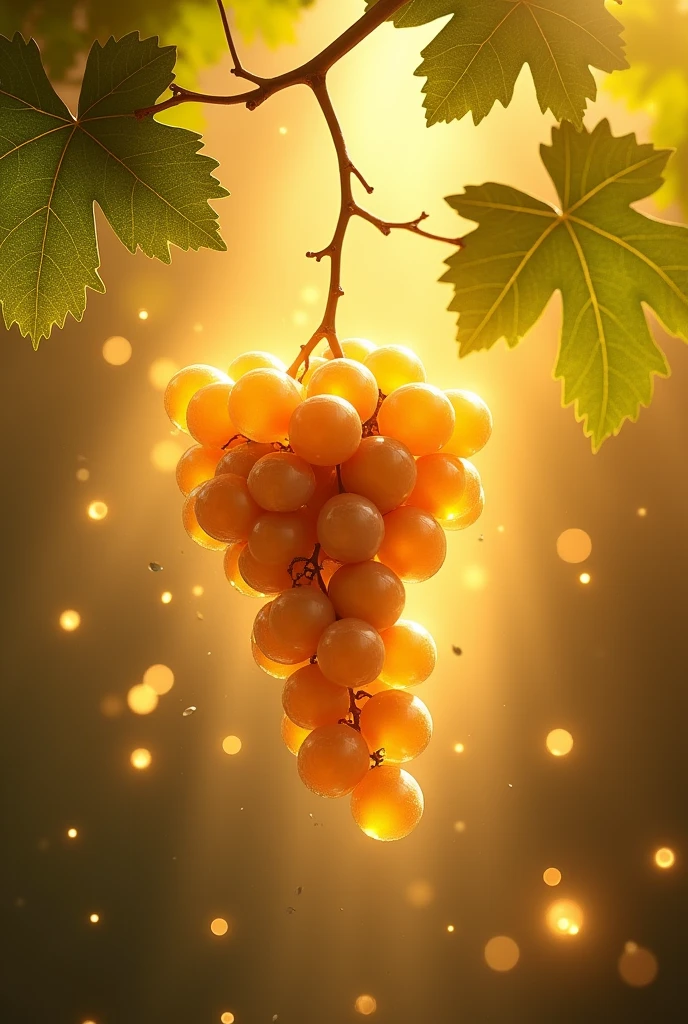 detailed, award-winning photo, UHD, 8k, realist, a bunch of grapes, mystic, divine, stem down. golden background, golden background light, It branches into green laurel leaves, golden aura, celestial. floating, grapes own light, bay leaves. golden steam gold.