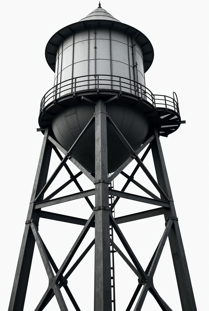 I want to create a black and white image of a water supply tank with a cylindrical shape and a cone on top.. The lower structure that supports the box is also made of metal., composed of four main beams. Between these beams, there are eight more beams that interconnect. The total height must be a proportion of 70 meters, being 25 meters for the box and 45 meters for the lower structure.