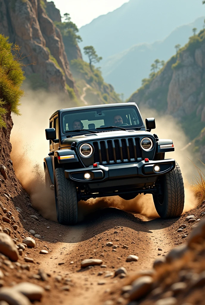 a man driving a jeep very fast uphill

