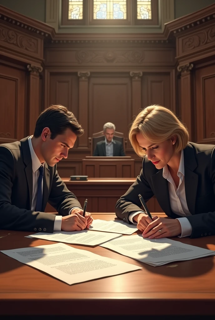 create an image of a courtroom with lawyers writing documents signaling a change. in 16x9 format