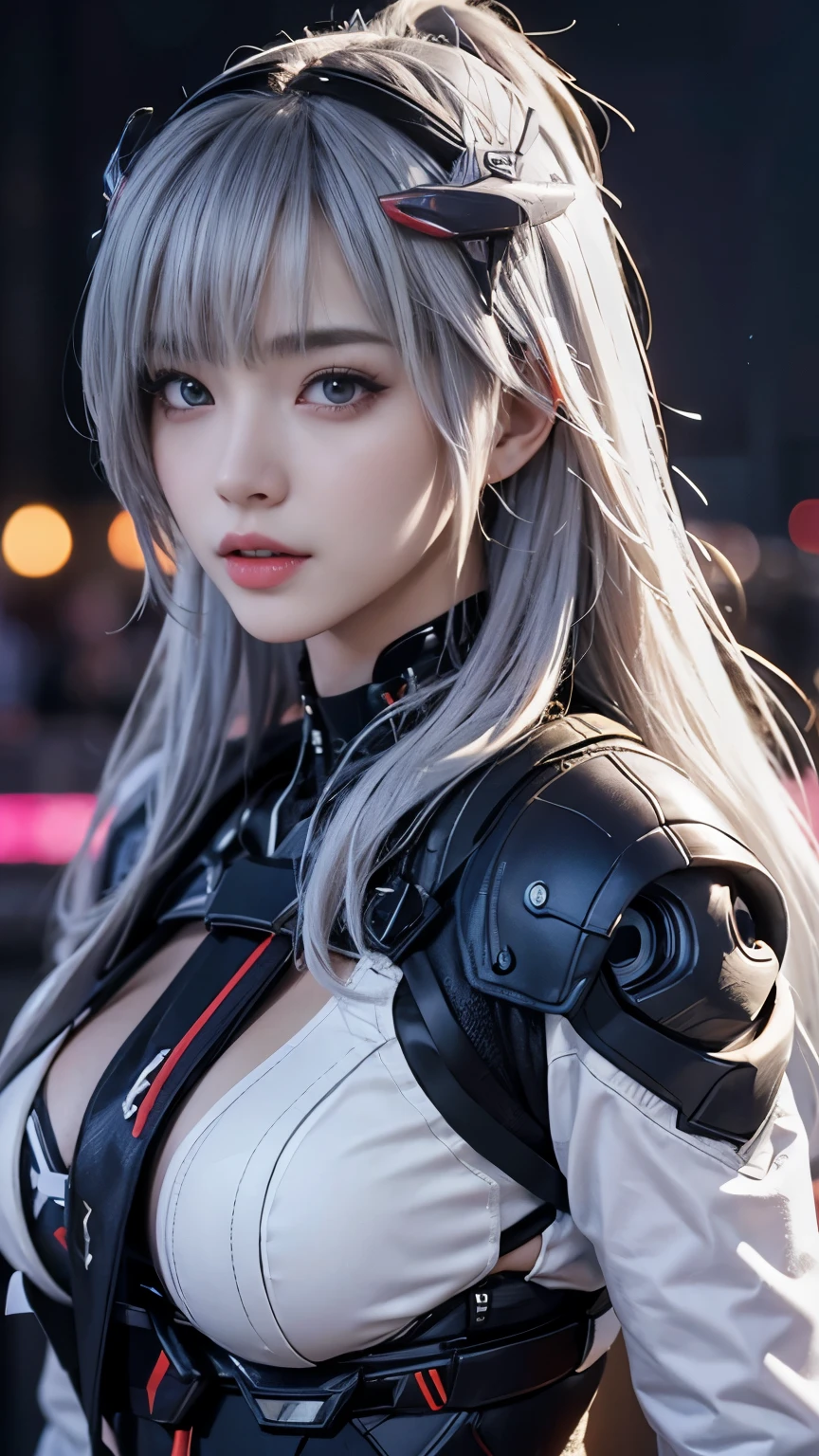 masterpiece、high quality、High resolution、high resolution, Silver Hair, Japanese Chest、,(Fluorescent cyberpunk costume) , night .Degrees of Freedom:1.8、Super big breasts:1.8、Long sleeve、Beautiful symmetrical face、Headgear of the Future、Hyper Detail、Octane Rendering、超A high resolution、8k、Close-up、red、white、Realistic textured face and skin、redいマント、Bend、squat、back、Big Mouth、