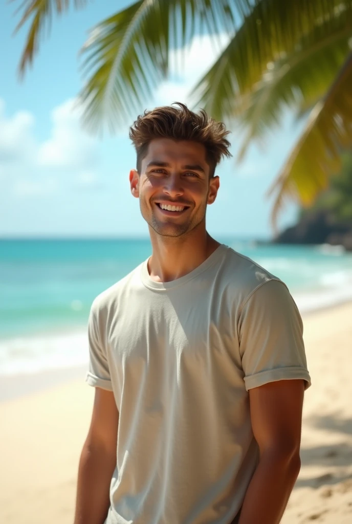 1 male youth , Java, medium body, wearing a t-shirt, smile, half body visible, with Bali beach background, original