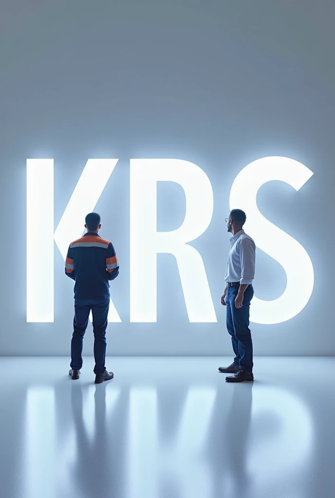 A huge glowing 3D logo of 'KRS Electricals' kept on white floor and an Engineer Standing alongside with logo