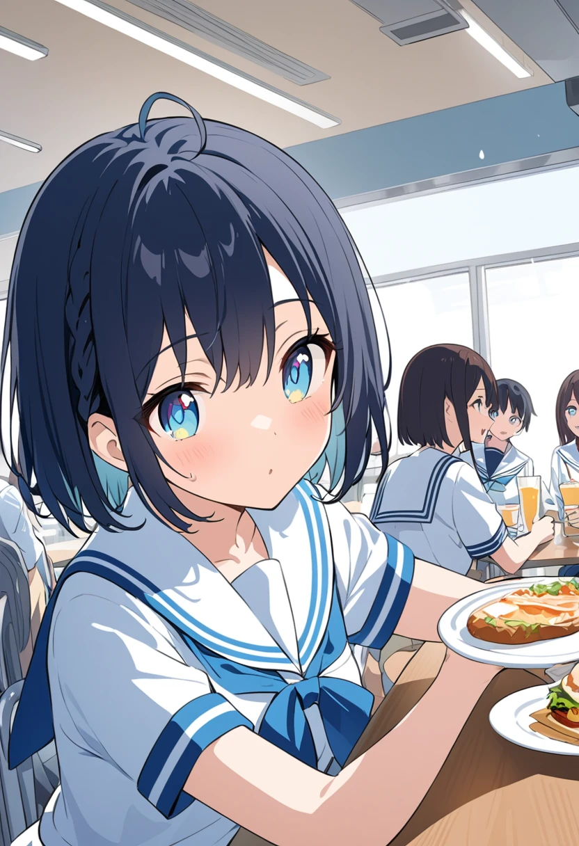 You are a professional illustrator。Please carefully check and draw the illustration according to the following conditions.。High school students enjoying their lunch in a crowded cafeteria、Delicate and beautiful anime face、Clear Eyes、Sailor suit、Braided short hair、