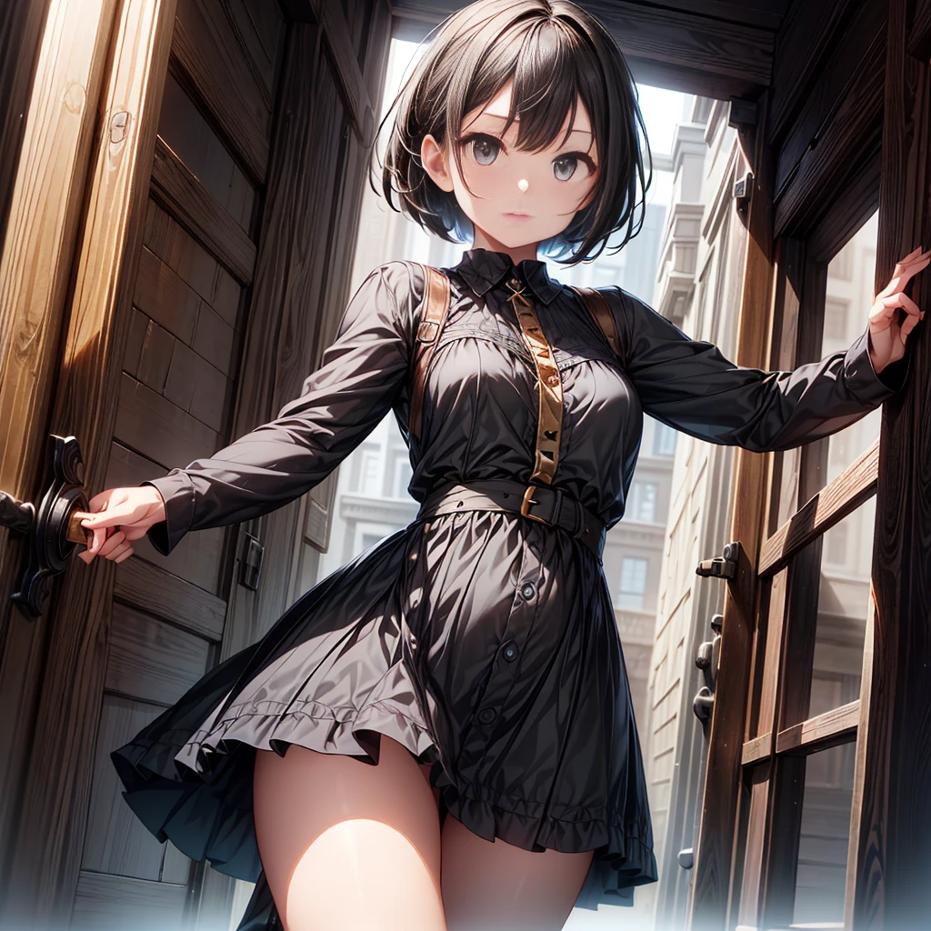 (Ultra HD、Very detailed、Highest quality、whole body、Detailed face、Concept Art、Angle from below、Cool pose、She thrust one hand forward):1.8、(Gray Hair、Bobcut、Bangs、A gorgeous gothic dress with an intricate design、Excessive golden decoration、Close Combat Stance、Holding a sword and shield):2.0