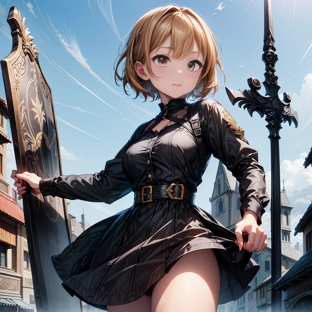 (Ultra HD、Very detailed、Highest quality、whole body、Detailed face、Concept Art、Angle from below、Cool pose、She thrust one hand forward):1.8、(Gray Hair、Bobcut、Bangs、A gorgeous gothic dress with an intricate design、Excessive golden decoration、Close Combat Stance、Holding a sword and shield):2.0