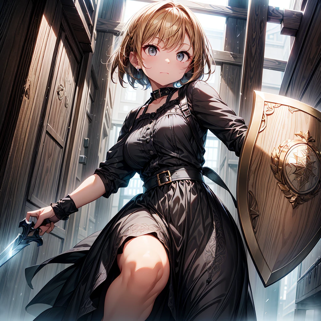 (Ultra HD、Very detailed、Highest quality、whole body、Detailed face、Concept Art、Angle from below、Cool pose、She thrust one hand forward):1.8、(Gray Hair、Bobcut、Bangs、A gorgeous gothic dress with an intricate design、Excessive golden decoration、Close Combat Stance、Holding a sword and shield):2.0