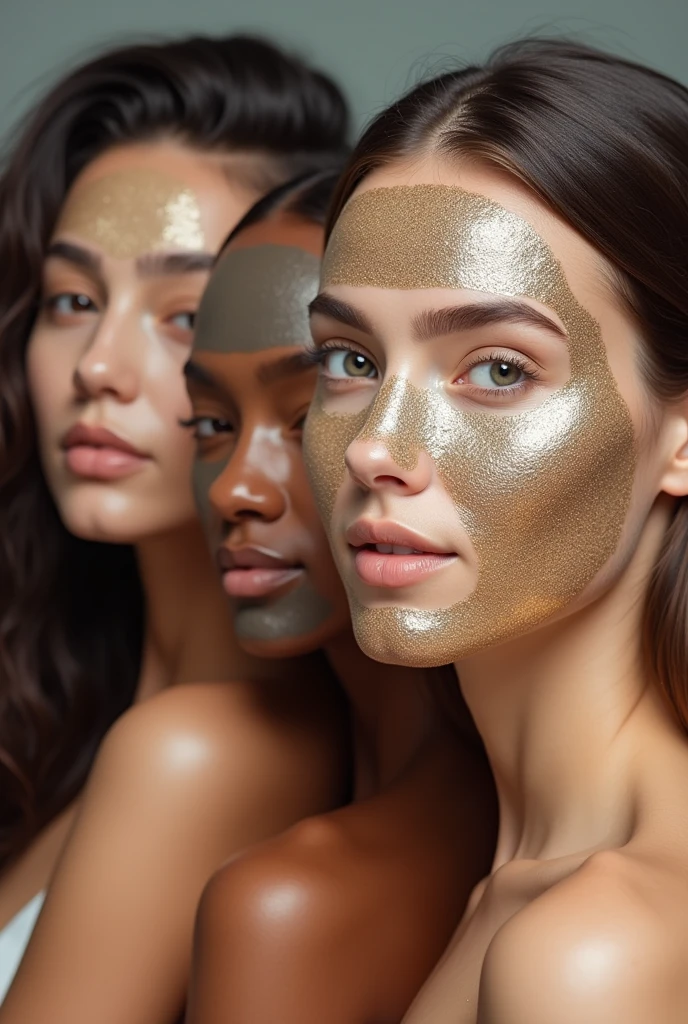 Creative Banner of four real models female with applied different face masks like coffee, charcoal, rose and rice