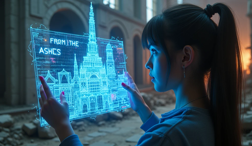 Design a next-level ultra-realistic, ultra-3D thumbnail focusing on the character holding a high-tech, holographic blueprint that floats in mid-air. The blueprint should be intricately detailed, with futuristic designs that suggest the rebuilding of the campus. The background should showcase a stark contrast between the ruins and the glowing, newly imagined structures. The scene should include highly detailed, realistic textures—cracked stone, overgrown foliage, and vibrant, illuminated holograms. The character’s intense focus on the blueprint should be evident, with their face lit by the glow of the hologram. 

For the text "RISE FROM THE ASHES," integrate it into the blueprint itself using a rare and unique trending font style, such as a glitchy futuristic typeface or an elegant neon script. Ensure the letters appear in glowing, electric blue with dynamic energy arcs and sparks that emphasize the transformative vision. Consider adding an animated effect to the text for additional engagement, enhancing its visibility and appeal to attract more clicks and views.