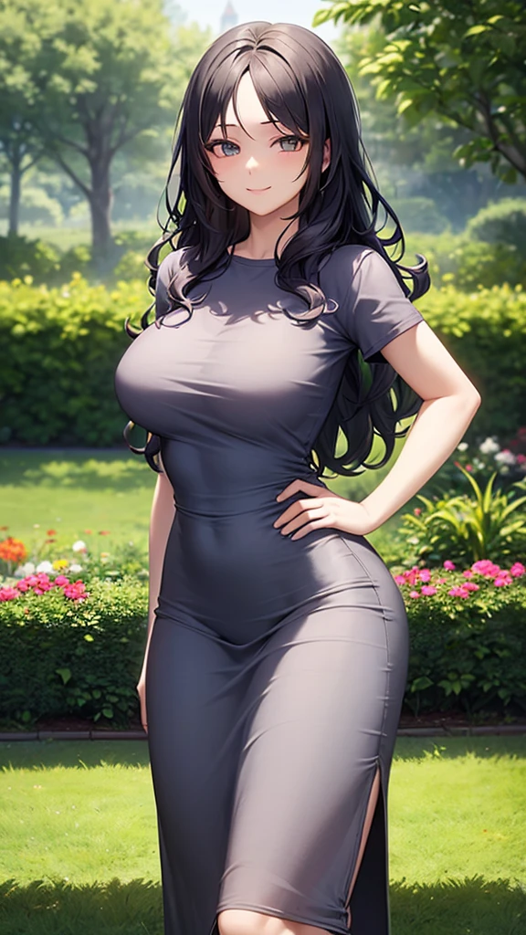 masterpiece, best quality, high detail, beautiful woman, wavy hair, dark blue hair, large bust, ((gray t-shirt)), (black midi pencil skirt), long skirt:1.2, upper body, hips, hip bones, boots, looking at viewer, awkward smile, garden, backyard,