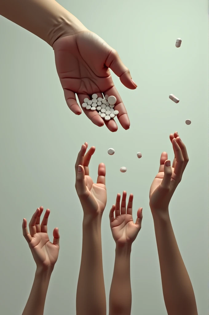 A hand with pills while below there are some hands that want to grab the pills and that their title says live without addictions