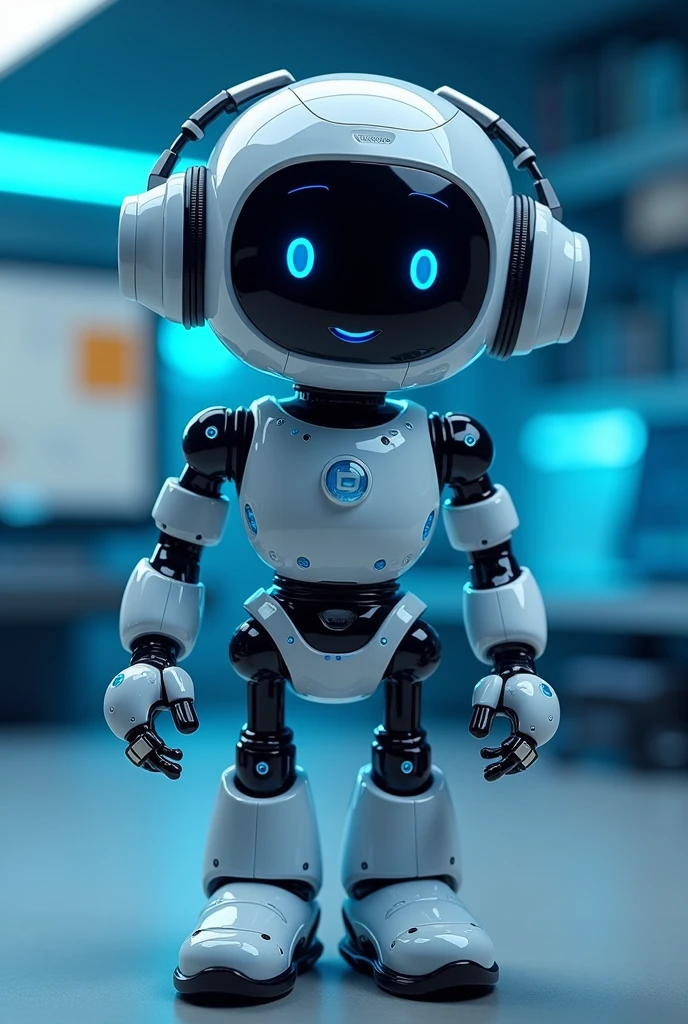 a chat bot, friendly, fashion, blue with white color, with headphones and chatting, in a computer