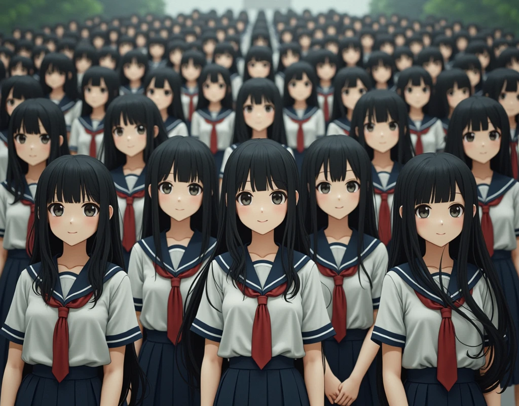 (Japanese Clone-girls=Myself), (Super Best masterpiece Clone-girls Raw Photography Art), (16K, Highest quality, Ultra-high resolution, RAW Photos), (It&#39;s so unrealistic., With unparalleled depiction, With an unfathomable sight, An unprecedented and shocking worldview, Clone-girls: In a world of mass reproduction, Ultra-realistic), (Japanese Girls, , Small face, Thick black hair, long hair, Dark Eyes, Mature face, Cute Smile, Smiling face, A gentle gaze, Very pleasant look), (Very beautiful detailed girls, Accurate body structure, Accurate body movements, Very detailed body, (Super big breasts, Large bulge of ample breasts)), ((Schoolgirl uniform, Short sleeve, mini skirt, Emphasise the fullness of your breasts)), (Very detailed, Myself cloning, Depiction of splitting oneself, 1Myself girl→1,000,000,000,000,000,000,000,000,000,000Myself cloning girls), (Myself clone girlsは, With the same perfect appearance without any difference, to multiply in large numbers), (Very detailed depiction, Myself&#39;s multiplying female body, In the same female body,With the same face, With the same hairstyle, In the same clothes, At the same height, 同じSuper big breastsで, The same female body that is completely indistinguishable, 1,000,000,000,000,000,000,000,000,000,000 people), (Myself girls only), (Academy, academic level, Commemorative photo depiction, Tiered stage photography, Happy smile, Front view)