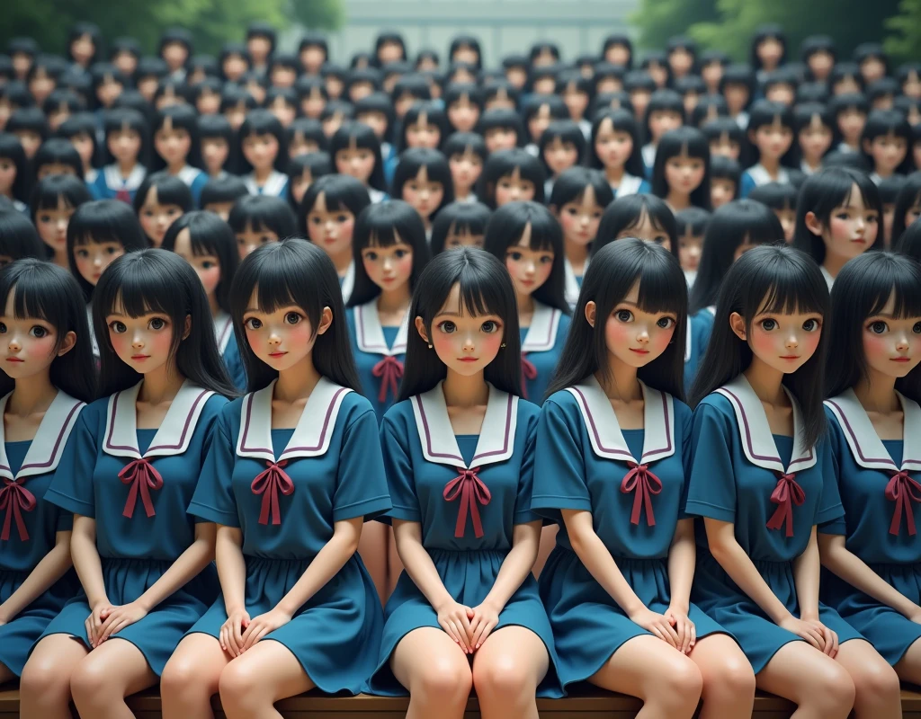 (Japanese Clone-girls=Myself), (Super Best masterpiece Clone-girls Raw Photography Art), (16K, Highest quality, Ultra-high resolution, RAW Photos), (It's so unrealistic., With unparalleled depiction, With an unfathomable sight, An unprecedented and shocking worldview, Clone-girls: In a world of mass reproduction, Ultra-realistic), (Japanese Girls, 16yo, Small face, Thick black hair, long hair, Dark Eyes, Mature face, Cute Smile, Smiling face, A gentle gaze, Very pleasant look), (Very beautiful detailed girls, Accurate body structure, Accurate body movements, Very detailed body, (Super big breasts, Large bulge of ample breasts)), ((Schoolgirl uniform, Short sleeve, mini skirt, Emphasise the fullness of your breasts)), (Very detailed, Myself cloning, Depiction of splitting oneself, 1Myself girl→1,000,000,000,000,000,000,000,000,000,000Myself cloning girls), (Myself clone girlsは, With the same perfect appearance without any difference, to multiply in large numbers), (Very detailed depiction, Myself's multiplying female body, In the same female body,With the same face, With the same hairstyle, In the same clothes, At the same height, 同じSuper big breastsで, The same female body that is completely indistinguishable, 1,000,000,000,000,000,000,000,000,000,000 people), (Myself girls only), (Academy, academic level, Commemorative photo depiction, Tiered stage photography, Happy smile, Front view)