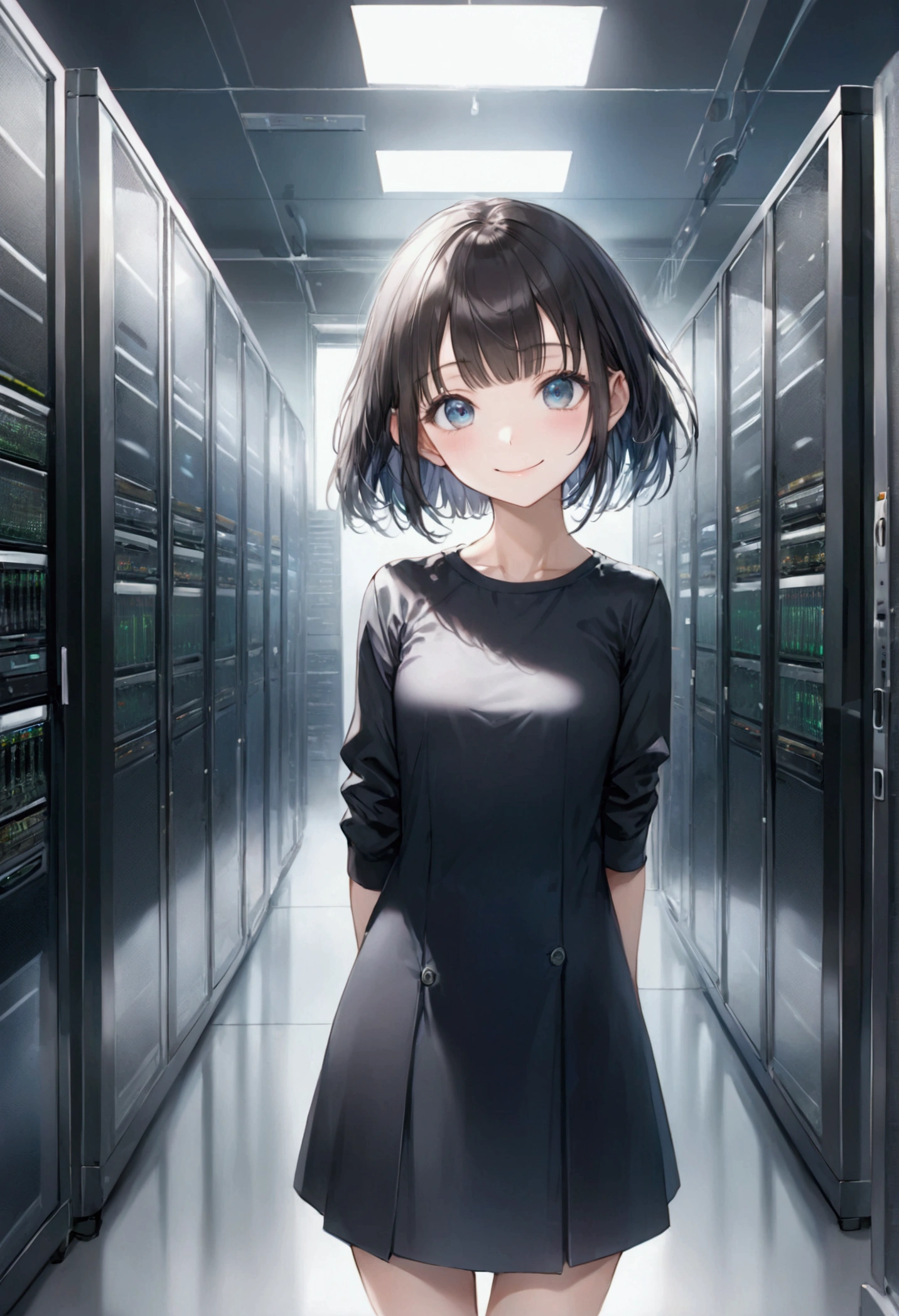 (whole body:1) A young girl, Smart casual, Hacker&#39;s server room, Delicate face, ((very cool expression)), (Straight short thin bangs:1.2), Ultra-detailed photos, (Reality), (Intricate details:1),(masterpiece :1), (best quality:1), Ultra-high resolution, (Delicate eyes), (Detailed facial features), HDR, 8K resolution, (lens flare:0.5), Light from afar, (Smile, joy) 
