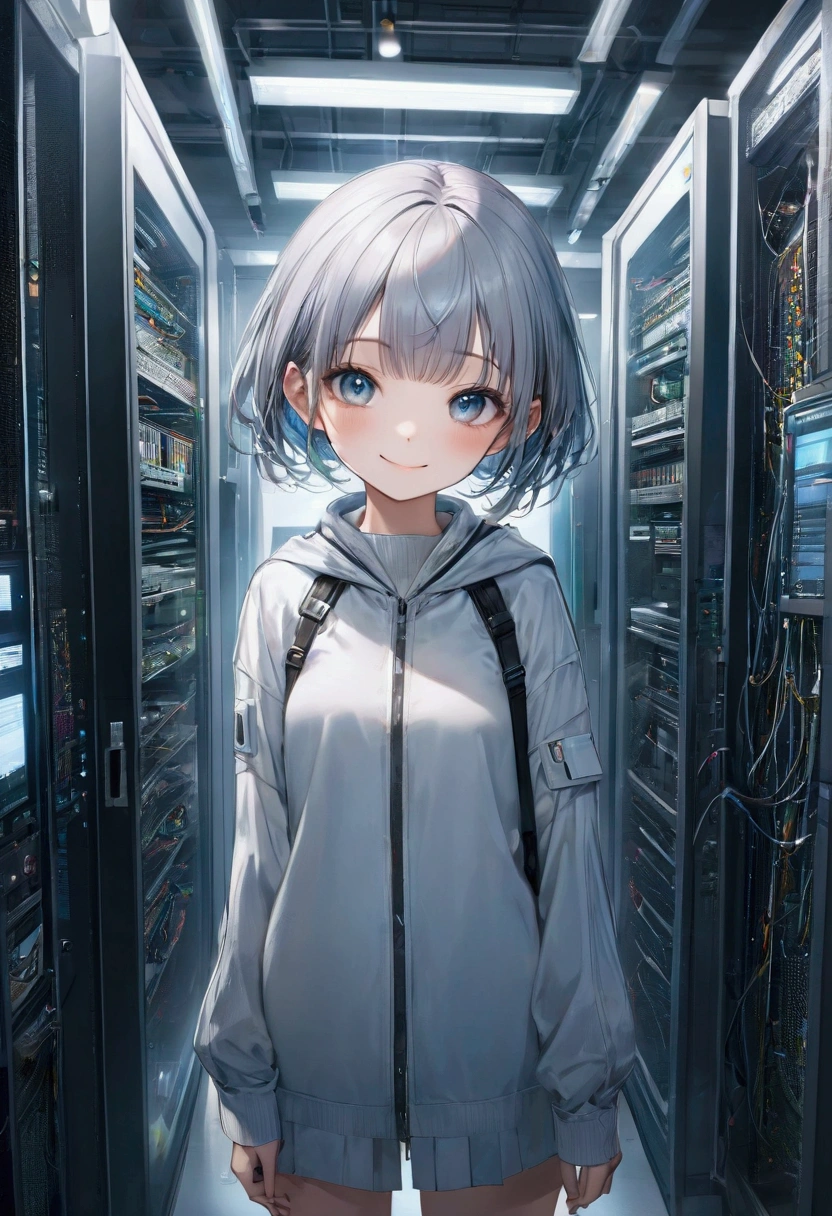 (whole body:1) A young girl, Smart casual, Hacker's server room, Delicate face, ((very cool expression)), (Straight short thin bangs:1.2), Ultra-detailed photos, (Reality), (Intricate details:1),(masterpiece :1), (best quality:1), Ultra-high resolution, (Delicate eyes), (Detailed facial features), HDR, 8K resolution, (lens flare:0.5), Light from afar, (Smile, joy)
