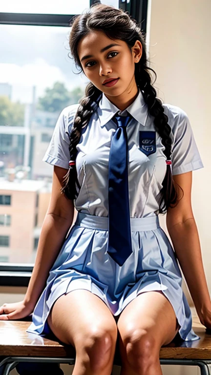 Raw photo , 1 girl ,Wearing white frock and color tie, white shoes, ((teen school girl studying on on in the classroom)), with plait, professional photographer, (hdr:1.4), masterpiece, ultra-realistic 8k, perfect artwork, intrincate details, cute face, award winning photograph, (Best quality, 8k, 32k, Masterpiece, UHD:1.3) ,legs open, panty visible, pink panty, slim thigh, cameltoe.