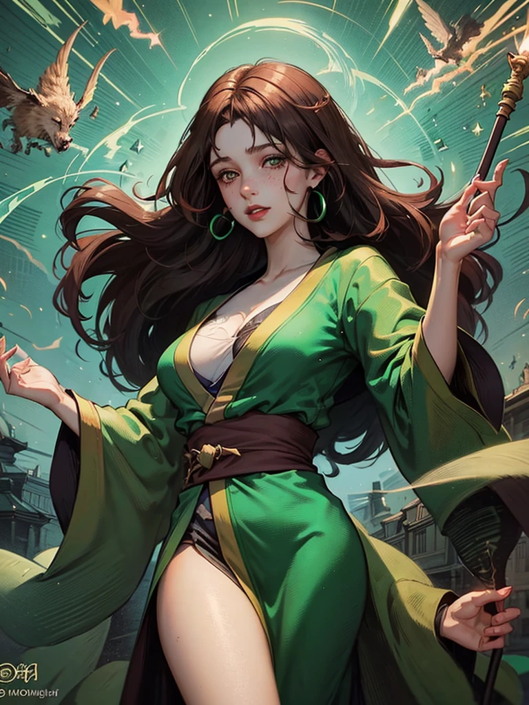 A woman with dark brown hair and bright emerald green eyes, fine and rough features, rosy cheeks and red lips, some freckles on the nose, dressed in a dark blue kimono with details such as green lines, a wand in hand 