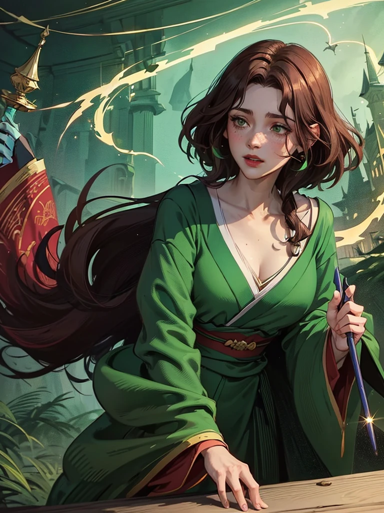 A woman with dark brown hair and bright emerald green eyes, fine and rough features, rosy cheeks and red lips, some freckles on the nose, dressed in a dark blue kimono with details such as green lines, a wand in hand
