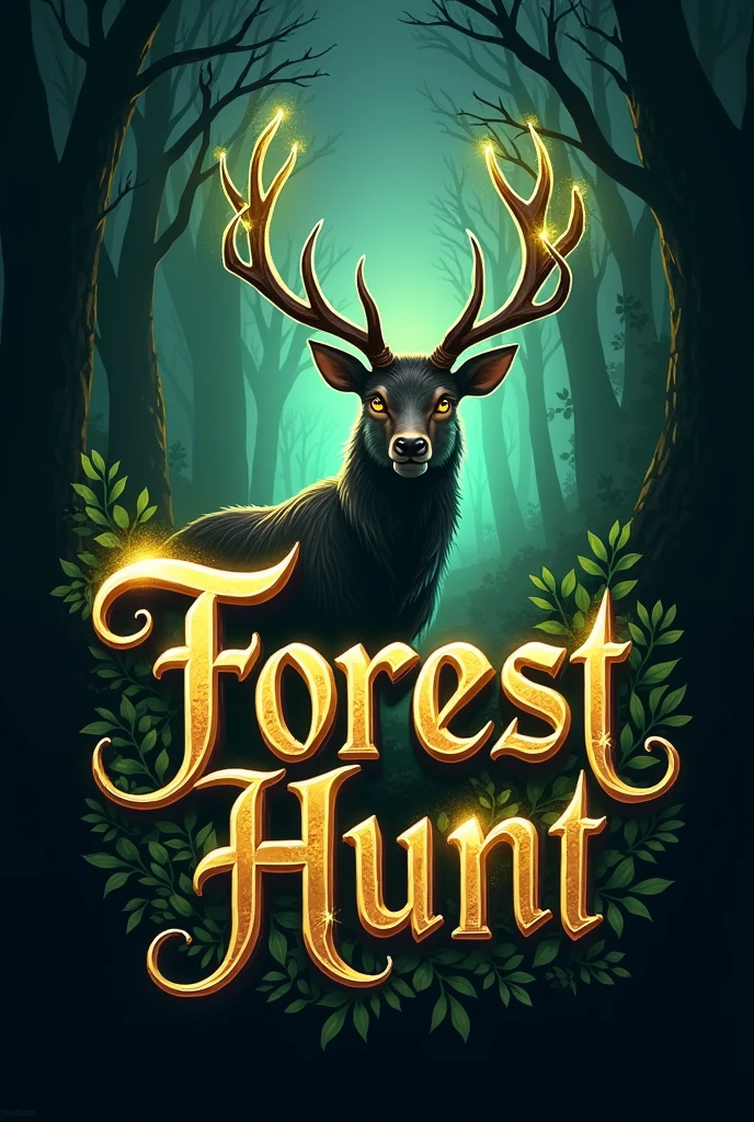 Create logo with the word Forest Hunt in a mystic & fantasy style. Font should be golden cursive with enchanted vibes