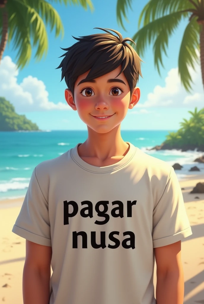 1 male youth , Java, medium body, wearing a t-shirt, written with the word pagar nusa,  smile, half body visible, with Bali beach background, original