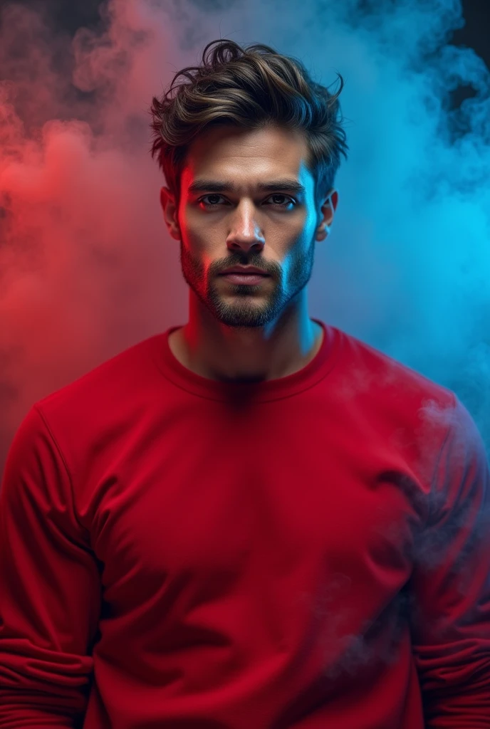 A handsome guy in a red sweatshirt and black short hair, handsome, red and blue smoke background