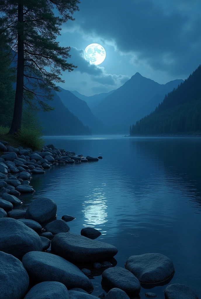 a lake there are many stone night and a moon