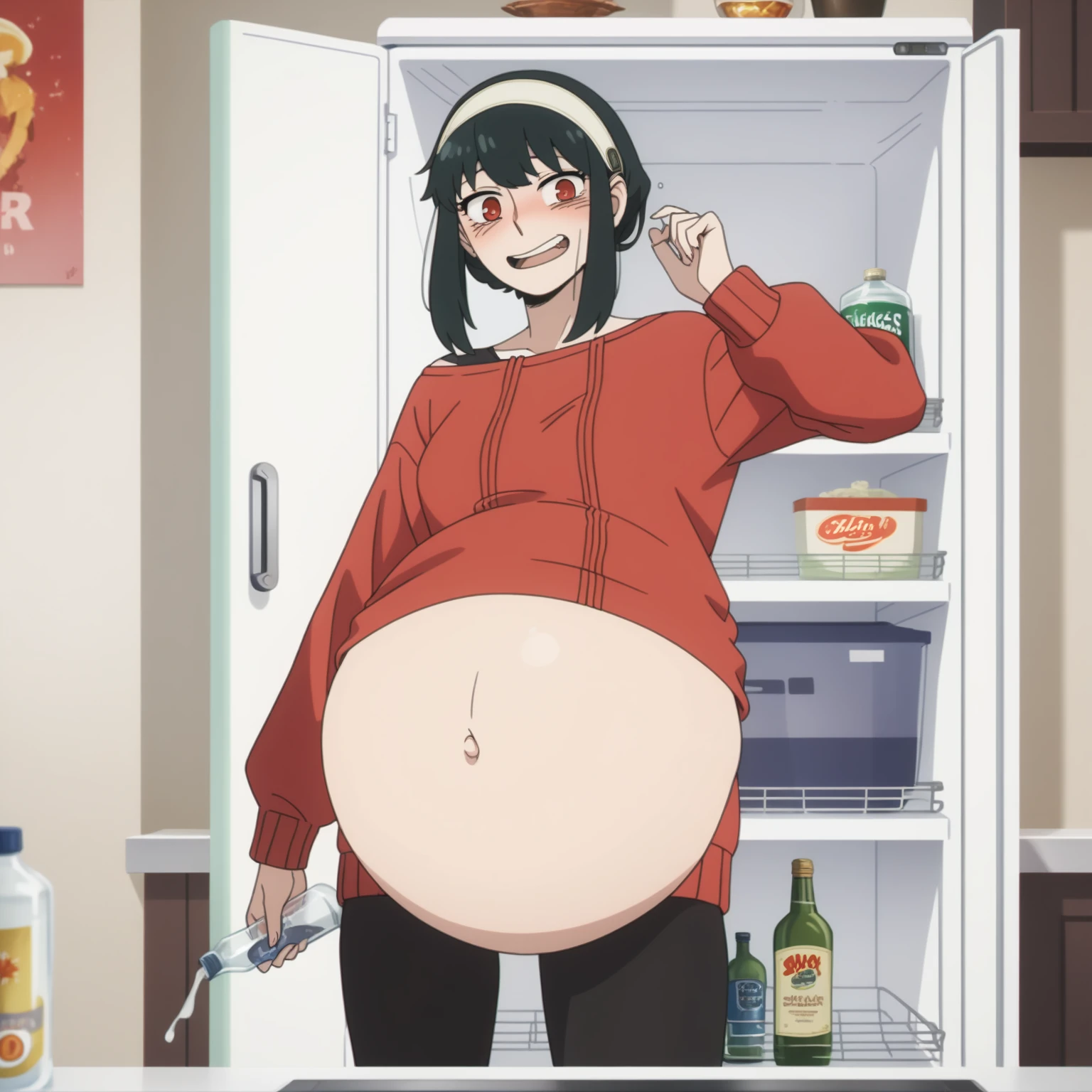 I look at the viewer, One, yorforger,1 girl, ((medium breast)), ((belly stuffed)), ((huge belly)), ((Very drunk)), ((staggers)), black hair, Red eyes, short hair with long strands, white hair band, from the shoulder, red sweater, black tights, ((drank too much)), ((exhausted)), ((excited)), ((in front of the refrigerator)), ((Outdoor refrigerator)), ((lean on the fridge)),