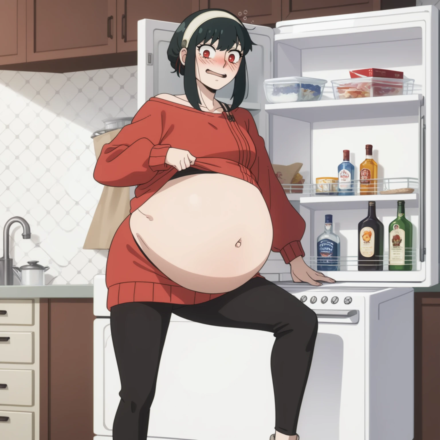 I look at the viewer, One, yorforger,1 girl, ((medium breast)), ((belly stuffed)), ((huge belly)), ((Very drunk)), ((staggers)), black hair, Red eyes, short hair with long strands, white hair band, from the shoulder, red sweater, black tights, ((drank too much)), ((exhausted)), ((excited)), ((in front of the refrigerator)), ((Outdoor refrigerator)), ((lean on the fridge)),