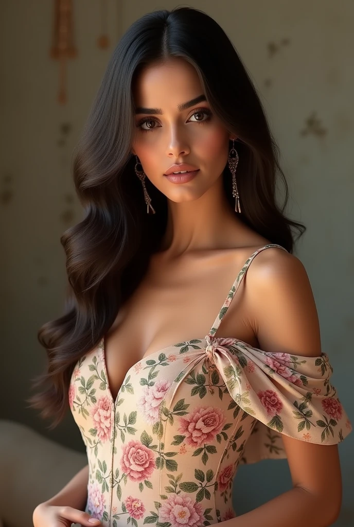 (photorealism:1.2), ultra realistic, Kiara Advani, wearing floral mini dress, open shoulders.