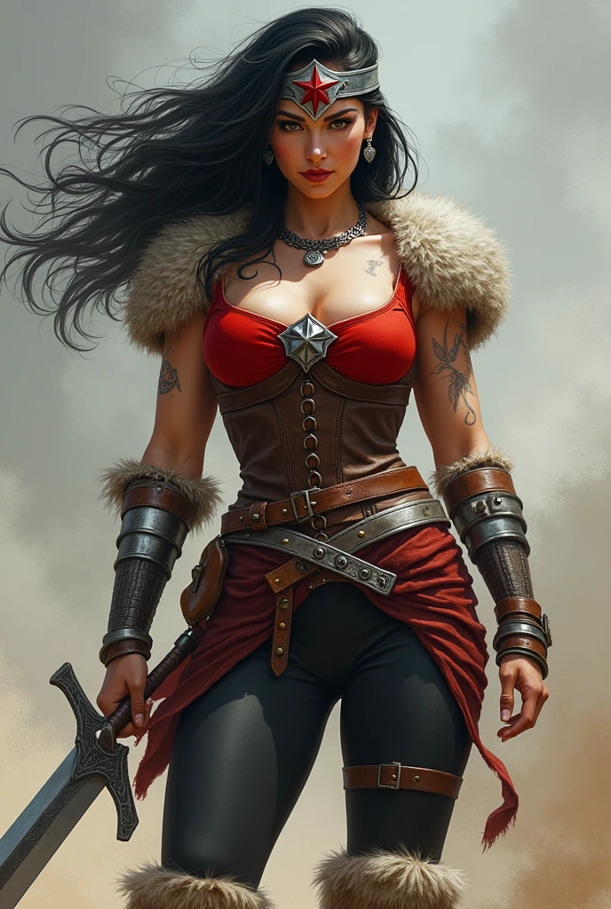 ((((Woman of thick build with muscles in arms and legs))))A beautiful woman with long black hair blown by the wind in a red corset with a wide brown leather harness over the corset)))),((((Black legis)))),((((Sheepskin boots with border)))),(((Sheepskin on his shoulders))),(((Tattoos on one of his arms)))),((((Giant Broad-Brimmed Sword)))),(((Black legis))),(((Red boots on sheepdog))),((((Wide silver metal headband with a red star on the front)))),((((Silver-colored metal bracelets oscuros)))),((((woman with a thick build, muscular arms and legs)))),((((Silver-colored metal bracelets)))
