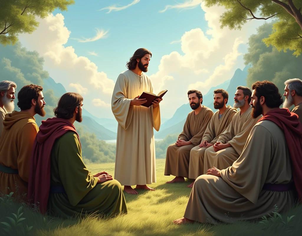 Jesus teaching with the Bible in his hands and the disciples interacting with him in a circle