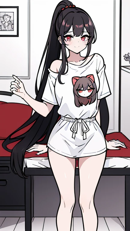using pantimedies, wavy black hair, piercing look with deep red eyes, average stature, Waist length hair, Silky hair with a ponytail hairstyle collected with a red bow with two white lines, has a vagina, has breasts, cup of breasts, small breasts, slim, foreground, Session, sitting in her room, standing in his room, wearing pantyhose, using pantimedies, Picardias, neckline, looking at the viewer, lascivious smile, ((oversized t-shirt)), off the shoulders, without pants, washing machines, thighs, ((White T-shirt)), standing, hands on the hips,, shoes, blush, from below, thighs gorditos, thighs grandes, big ass