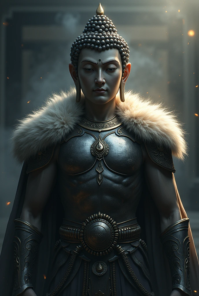 Tathagata Buddha，Buddha statues，Clear pupils，Silver Black Ares Armor Equipment，（Dark background 1.5，Simple background 1.5），Magic Scene，Misty Night，Movie Lights，Fur Texture，Intricate Details，Perfect Details，Epic Masterpiece，Concept Art，Digital Painting，Golden Luminous Particles，Dark Myth，hero，Ares Might，Perfect Body Structure，High Resolution,