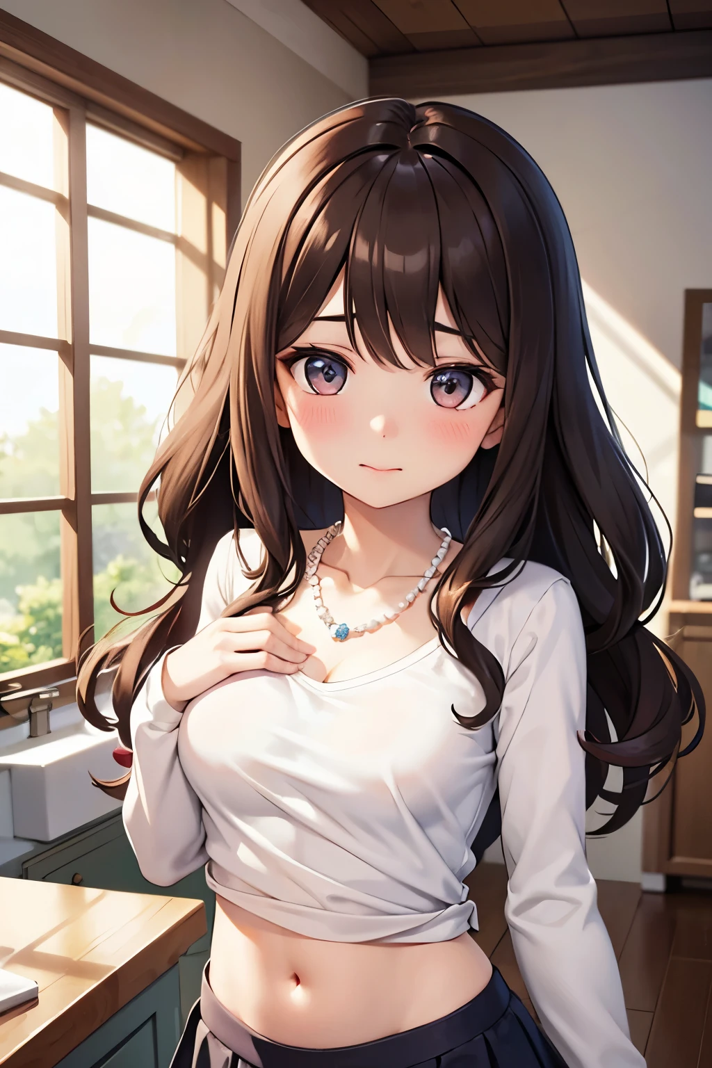super lovely illustration, bright colors, masterpiece, Sharp Focus, Best quality, depth of field, cinematic lighting, Ultra detailed, clavicle, T-shirt, long sleeves, mother, 1 woman, One, life, lifeик, Navel, большой Navel, kitchen, ceiling, Close-up, Looking down, medium breast, curly hair, long hair, skirt, Pearl necklace, draw up, dark brown hair, blushing, wicked, low angle