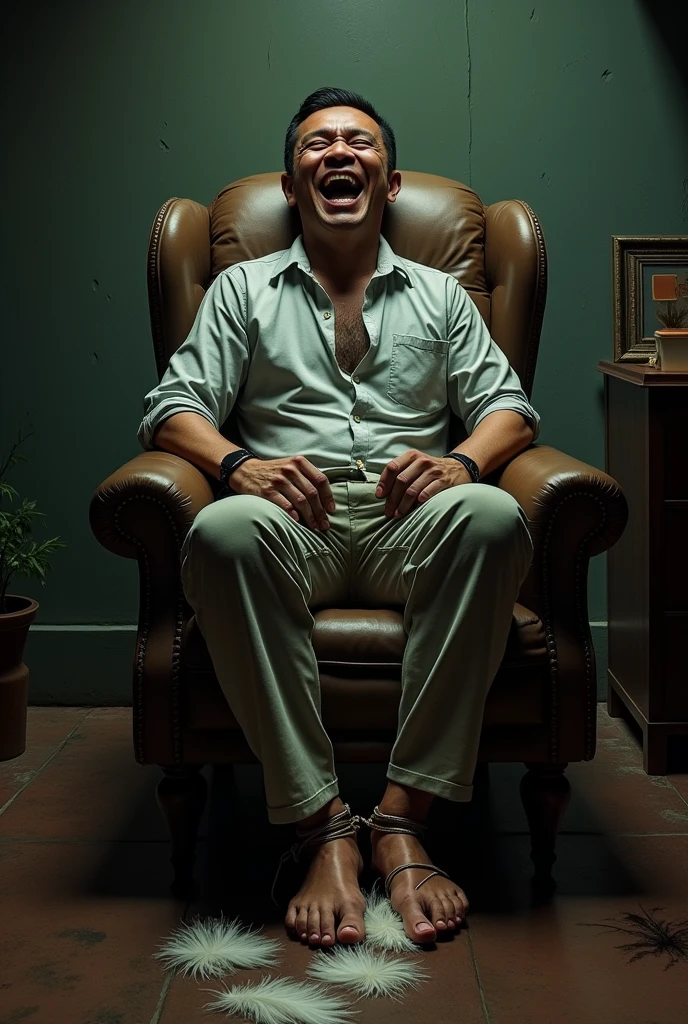 There is a handsome young Malay businessman from Malaysia named Haqiem hands,legs with black socks tied with ropes to the chair and eyes covered with cloth A kidnapper remive Haqiems shoes and tickled tourture Haqiems soles with chicken feathers Haqiem laughed uncontrollably because his soles were being tickled